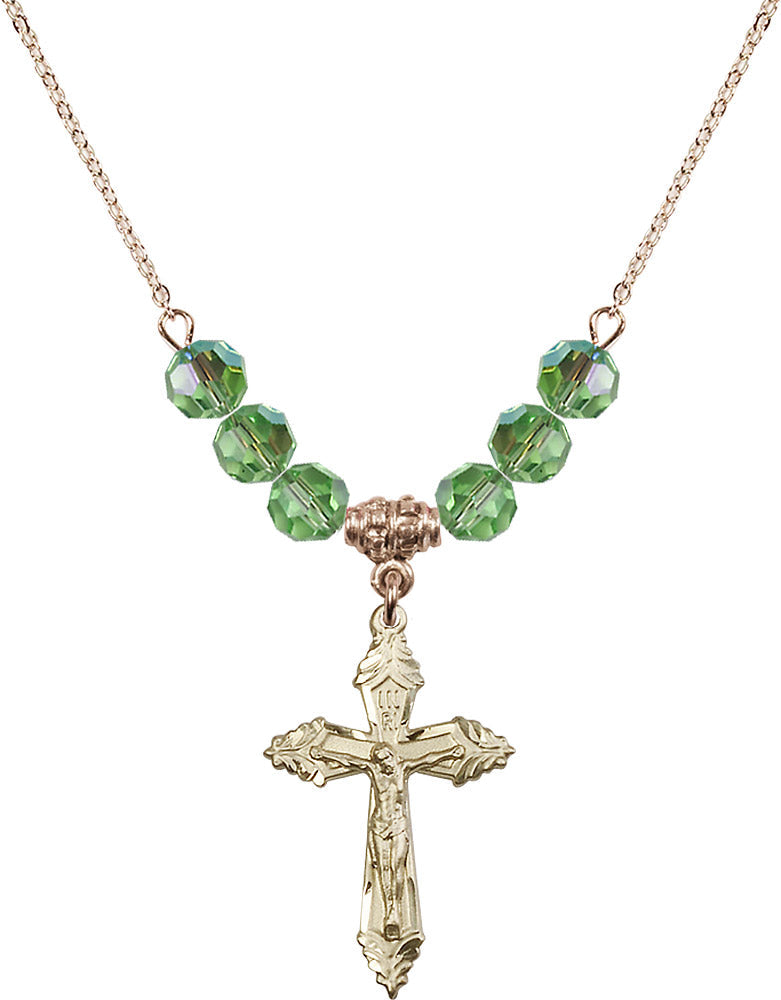 14kt Gold Filled Crucifix Birthstone Necklace with Peridot Beads - 0665