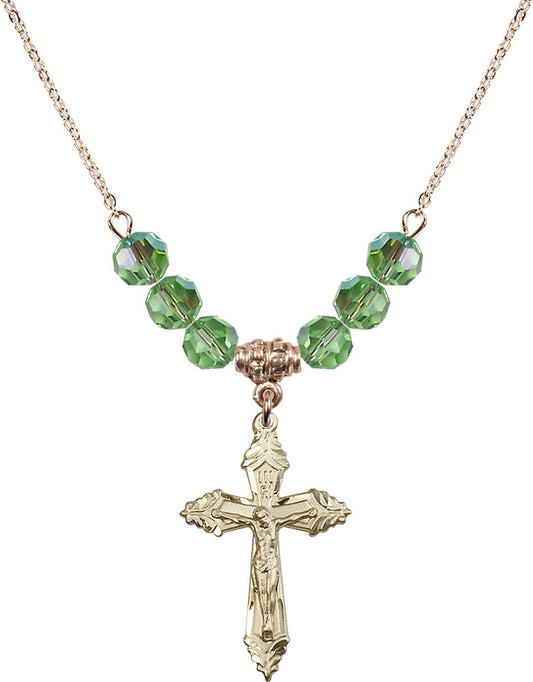 14kt Gold Filled Crucifix Birthstone Necklace with Peridot Beads - 0665