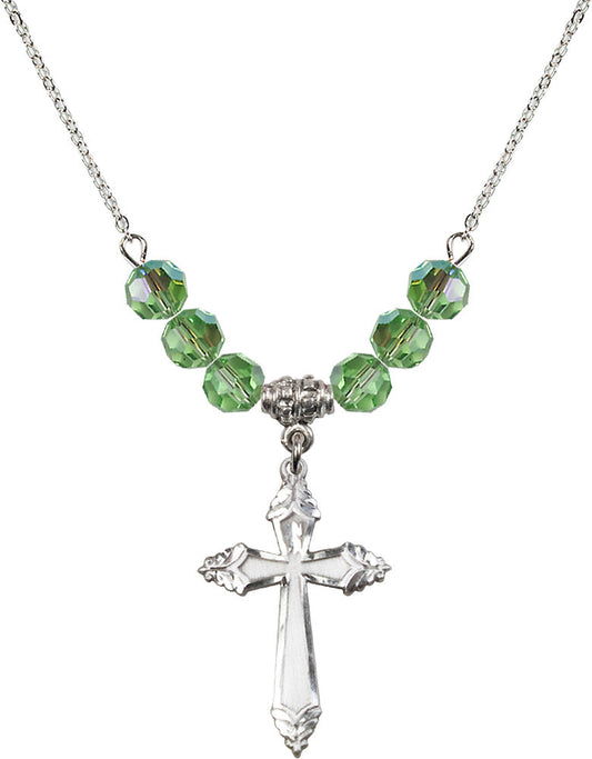 Sterling Silver Cross Birthstone Necklace with Peridot Beads - 0665