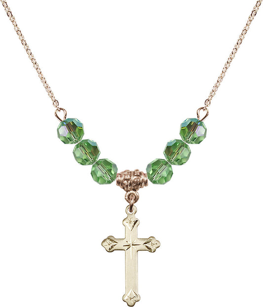 14kt Gold Filled Cross Birthstone Necklace with Peridot Beads - 0667