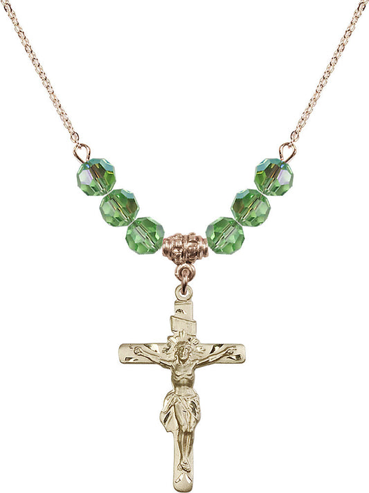 14kt Gold Filled Crucifix Birthstone Necklace with Peridot Beads - 0668