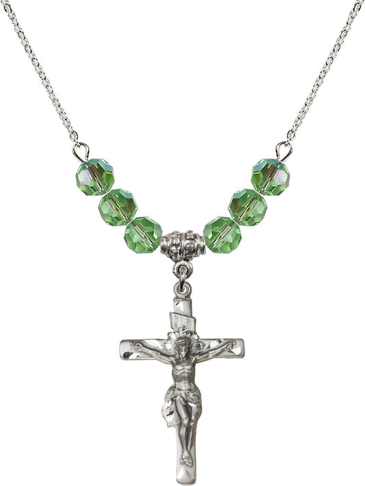 Sterling Silver Crucifix Birthstone Necklace with Peridot Beads - 0668