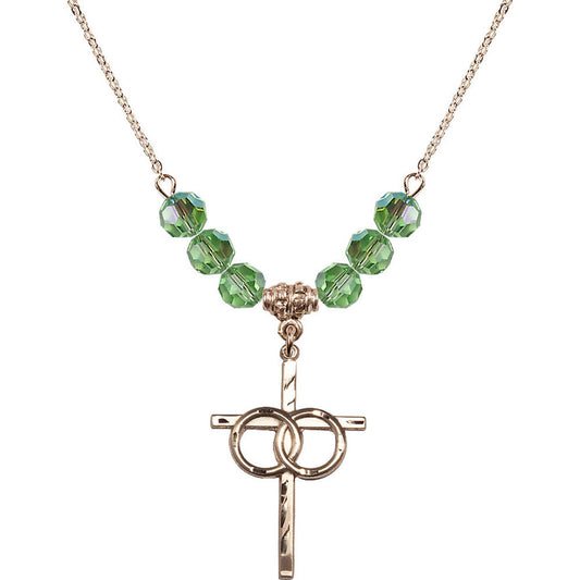 14kt Gold Filled Wedding Rings Cross Birthstone Necklace with Peridot Beads - 0671