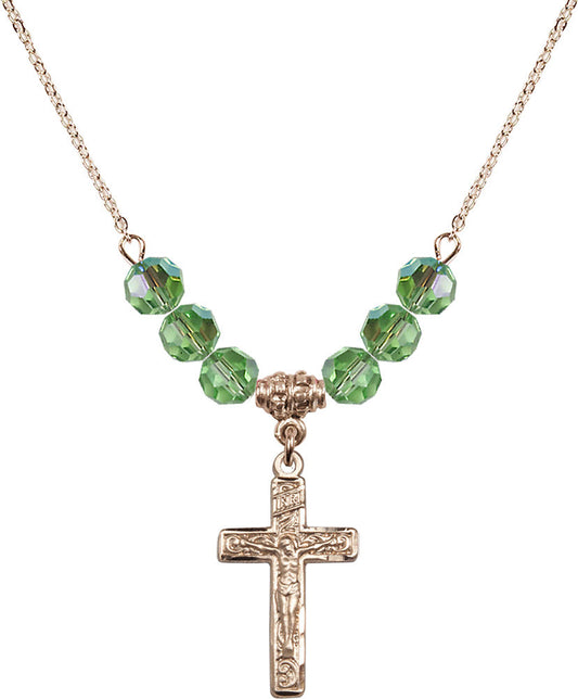 14kt Gold Filled Crucifix Birthstone Necklace with Peridot Beads - 0673