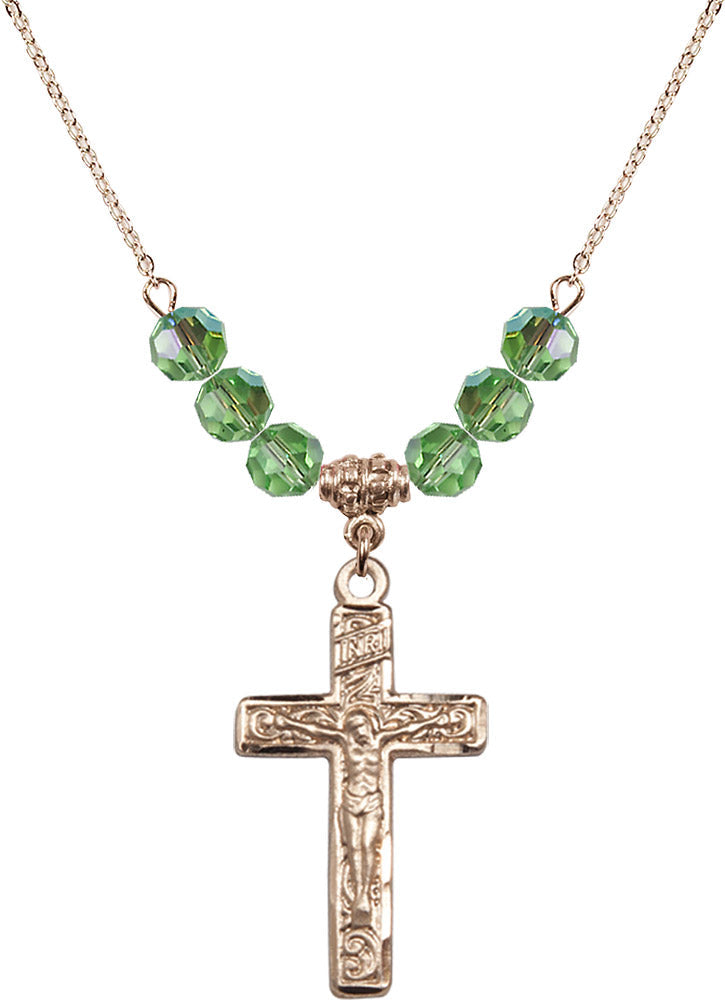 14kt Gold Filled Crucifix Birthstone Necklace with Peridot Beads - 0674