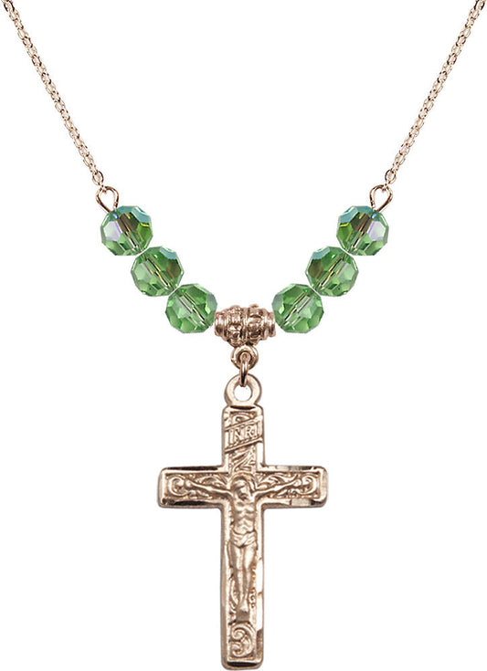 14kt Gold Filled Crucifix Birthstone Necklace with Peridot Beads - 0674