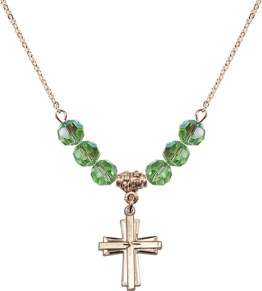 14kt Gold Filled Cross Birthstone Necklace with Peridot Beads - 0675