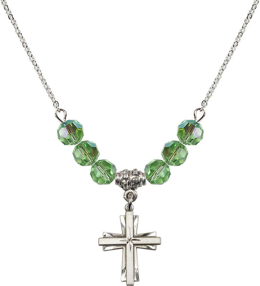 Sterling Silver Cross Birthstone Necklace with Peridot Beads - 0675