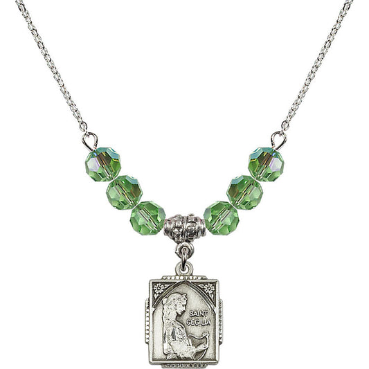 Sterling Silver Saint Cecilia Birthstone Necklace with Peridot Beads - 0804