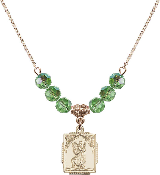 14kt Gold Filled Saint Christopher Birthstone Necklace with Peridot Beads - 0804