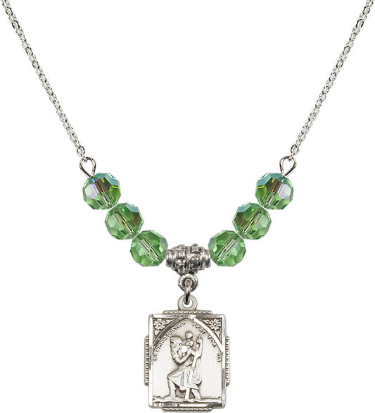 Sterling Silver Saint Christopher Birthstone Necklace with Peridot Beads - 0804