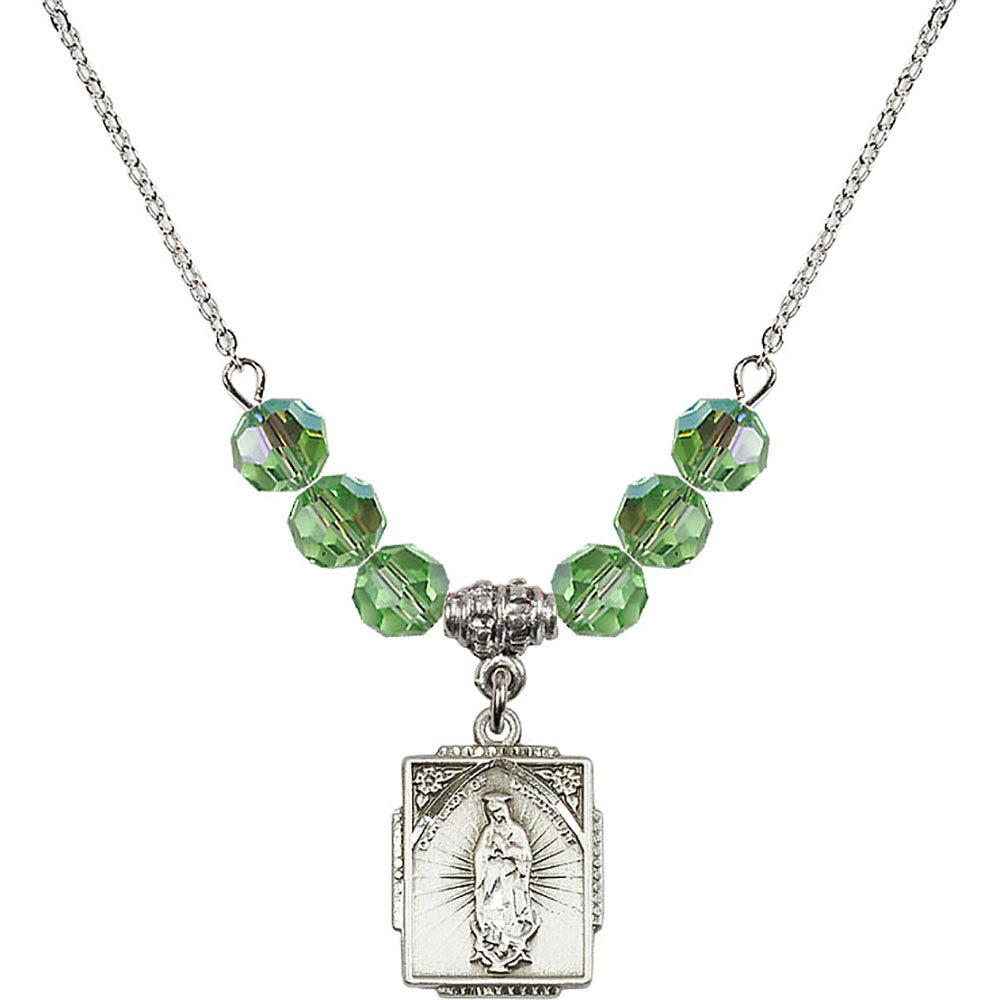 Sterling Silver Our Lady of Guadalupe Birthstone Necklace with Peridot Beads - 0804