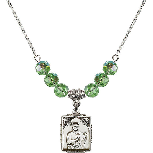Sterling Silver Saint Jude Birthstone Necklace with Peridot Beads - 0804