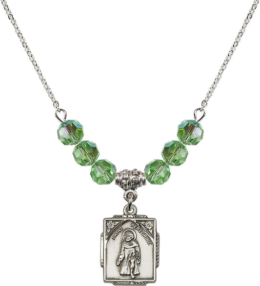 Sterling Silver Saint Peregrine Birthstone Necklace with Peridot Beads - 0804