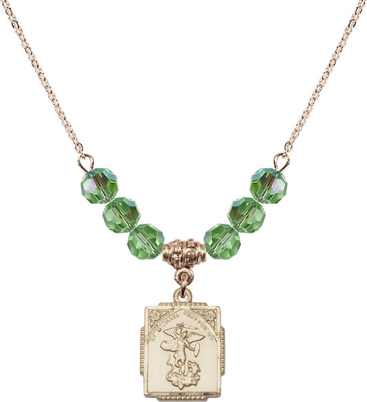 14kt Gold Filled Saint Michael the Archangel Birthstone Necklace with Peridot Beads - 0804