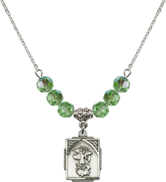 Sterling Silver Saint Michael the Archangel Birthstone Necklace with Peridot Beads - 0804