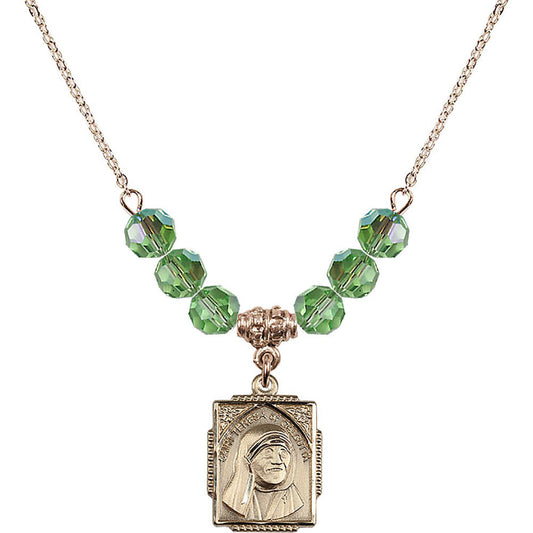 14kt Gold Filled Saint Teresa of Calcutta Birthstone Necklace with Peridot Beads - 0804
