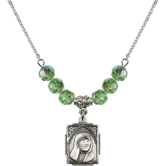 Sterling Silver Saint Teresa of Calcutta Birthstone Necklace with Peridot Beads - 0804