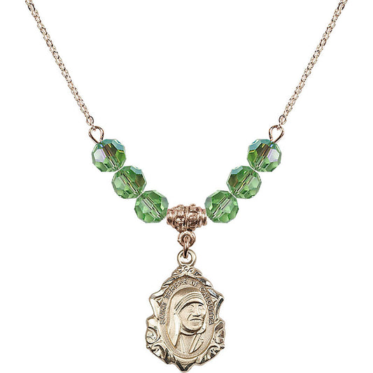 14kt Gold Filled Saint Teresa of Calcutta Birthstone Necklace with Peridot Beads - 0812
