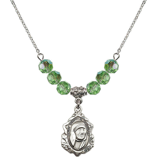 Sterling Silver Saint Teresa of Calcutta Birthstone Necklace with Peridot Beads - 0812