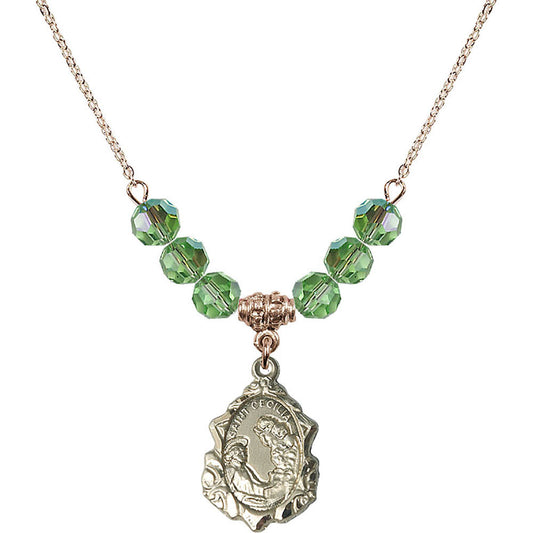 14kt Gold Filled Saint Cecilia Birthstone Necklace with Peridot Beads - 0822