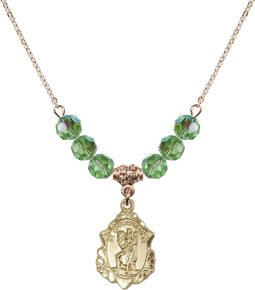 14kt Gold Filled Saint Christopher Birthstone Necklace with Peridot Beads - 0822