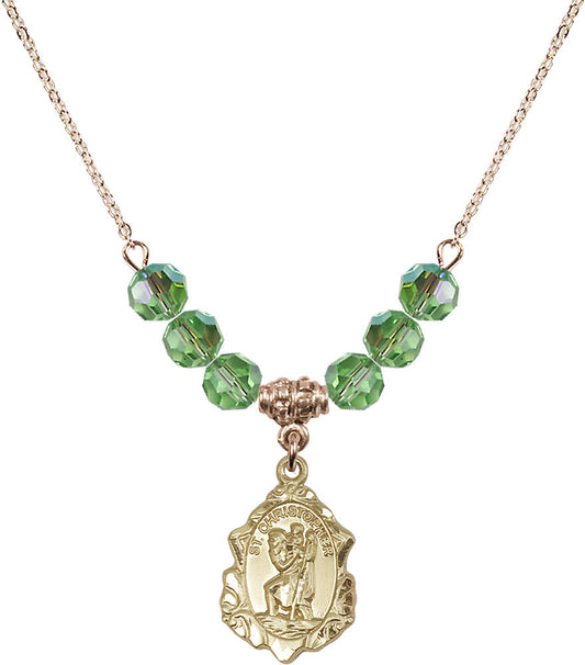 14kt Gold Filled Saint Christopher Birthstone Necklace with Peridot Beads - 0822