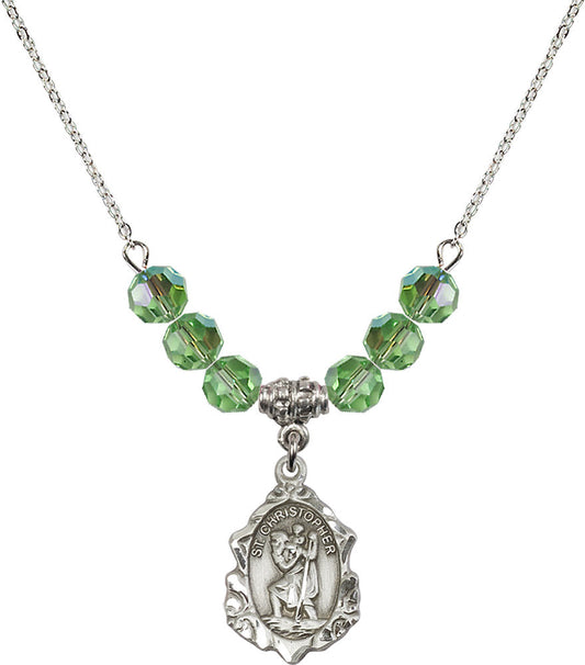 Sterling Silver Saint Christopher Birthstone Necklace with Peridot Beads - 0822