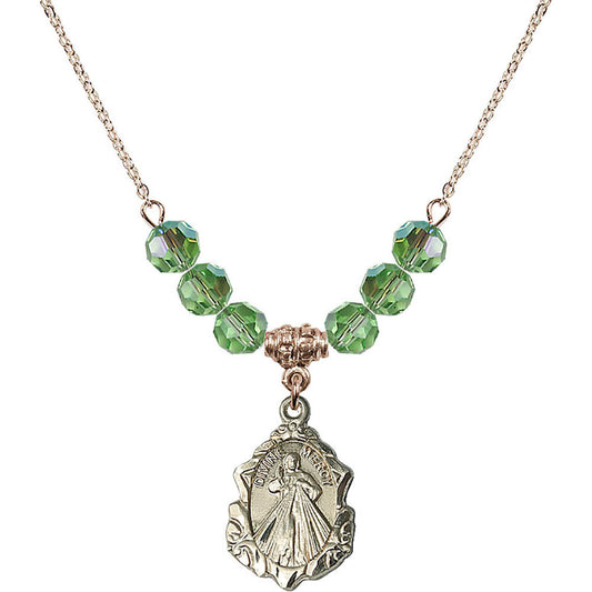 14kt Gold Filled Divine Mercy Birthstone Necklace with Peridot Beads - 0822