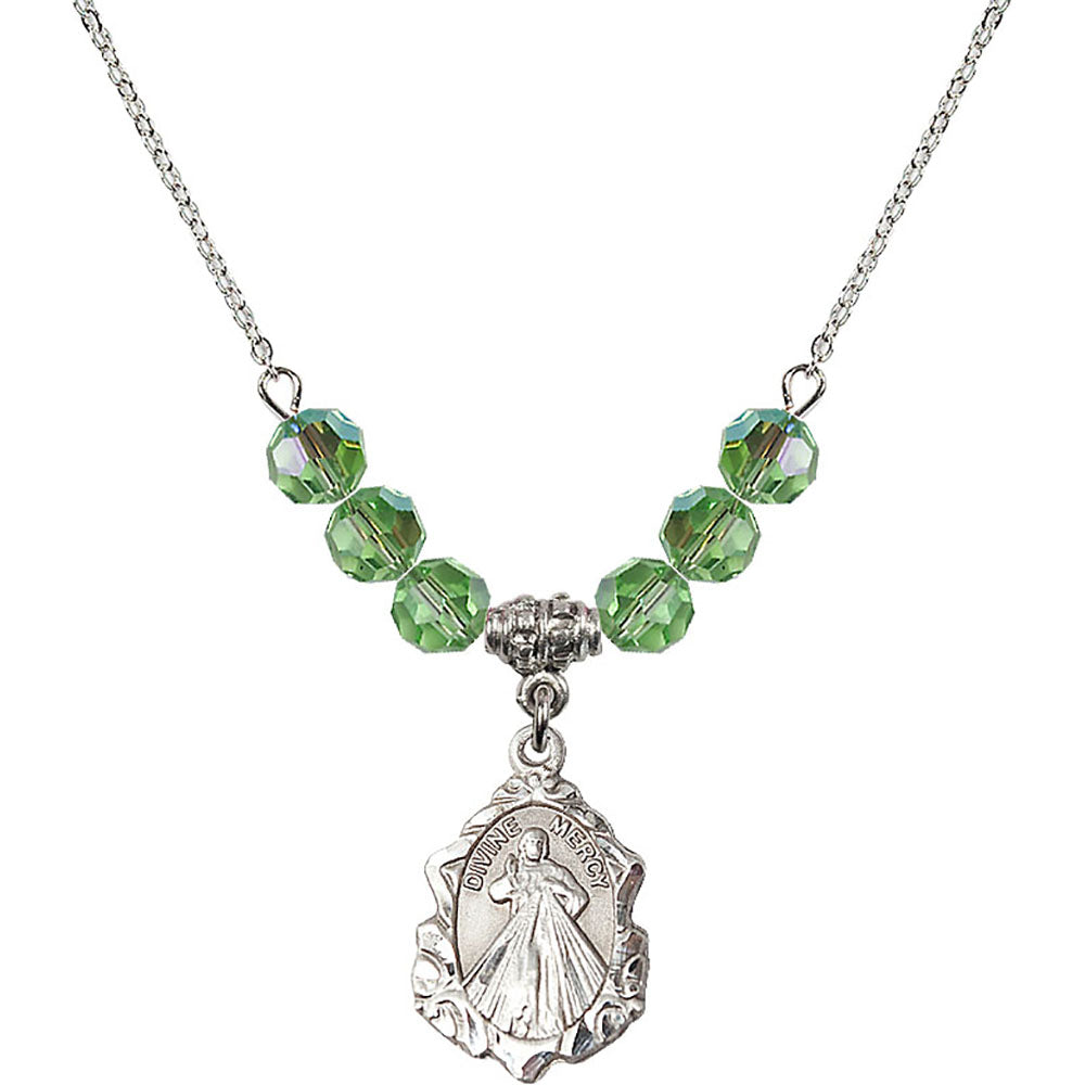 Sterling Silver Divine Mercy Birthstone Necklace with Peridot Beads - 0822