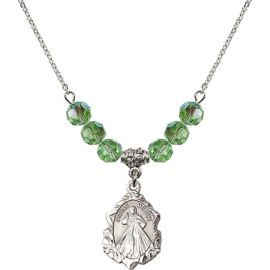 Sterling Silver Divine Mercy Birthstone Necklace with Peridot Beads - 0822