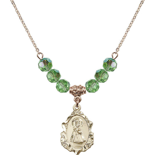 14kt Gold Filled Infant of Prague Birthstone Necklace with Peridot Beads - 0822