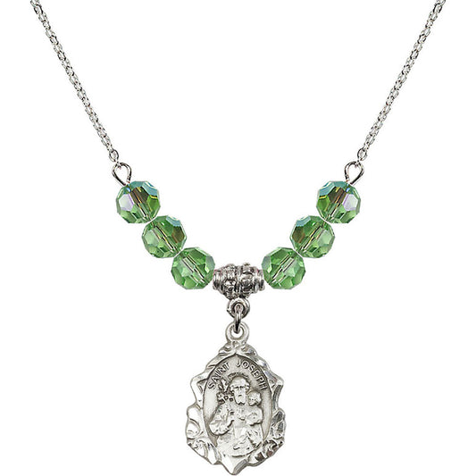 Sterling Silver Saint Joseph Birthstone Necklace with Peridot Beads - 0822