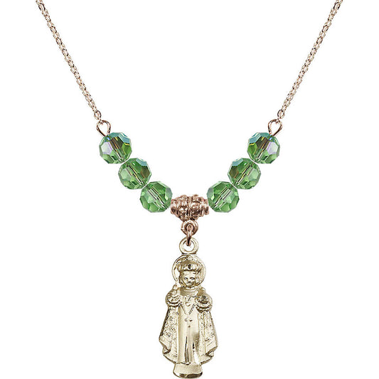 14kt Gold Filled Infant of Prague Birthstone Necklace with Peridot Beads - 0824