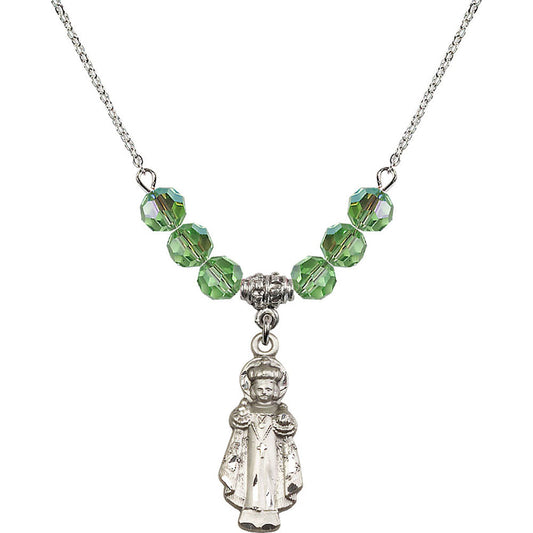 Sterling Silver Infant of Prague Birthstone Necklace with Peridot Beads - 0824