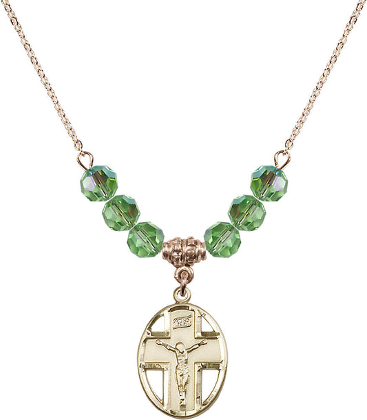 14kt Gold Filled Crucifix Birthstone Necklace with Peridot Beads - 0878
