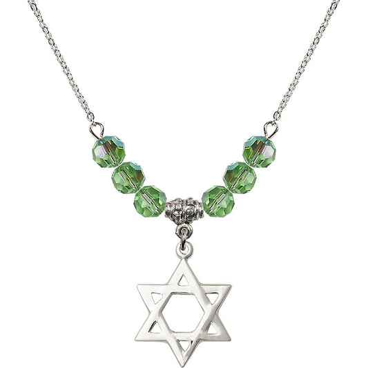Sterling Silver Star of David Birthstone Necklace with Peridot Beads - 1210