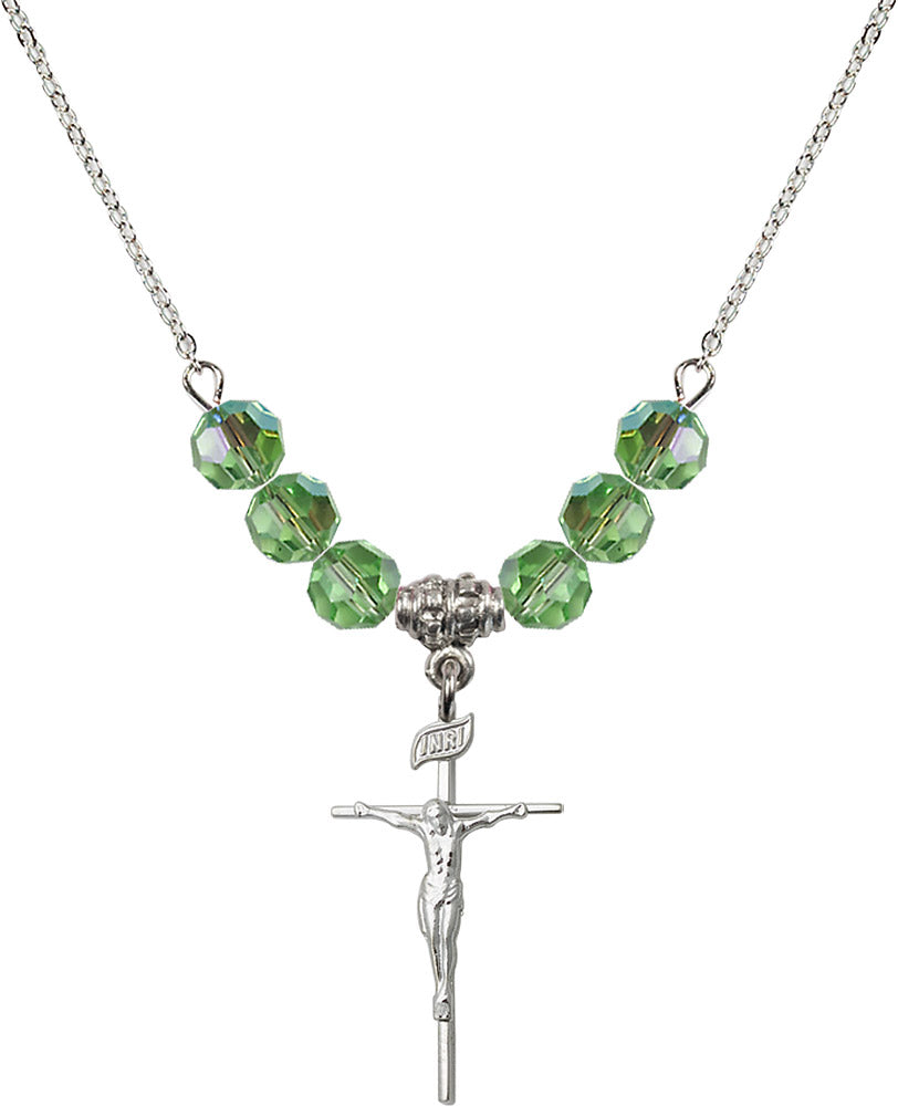 Sterling Silver Crucifix Birthstone Necklace with Peridot Beads - 1535