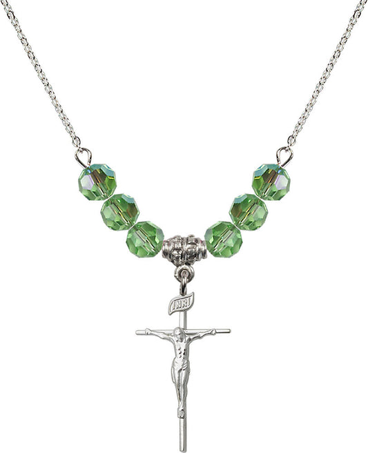 Sterling Silver Crucifix Birthstone Necklace with Peridot Beads - 1535