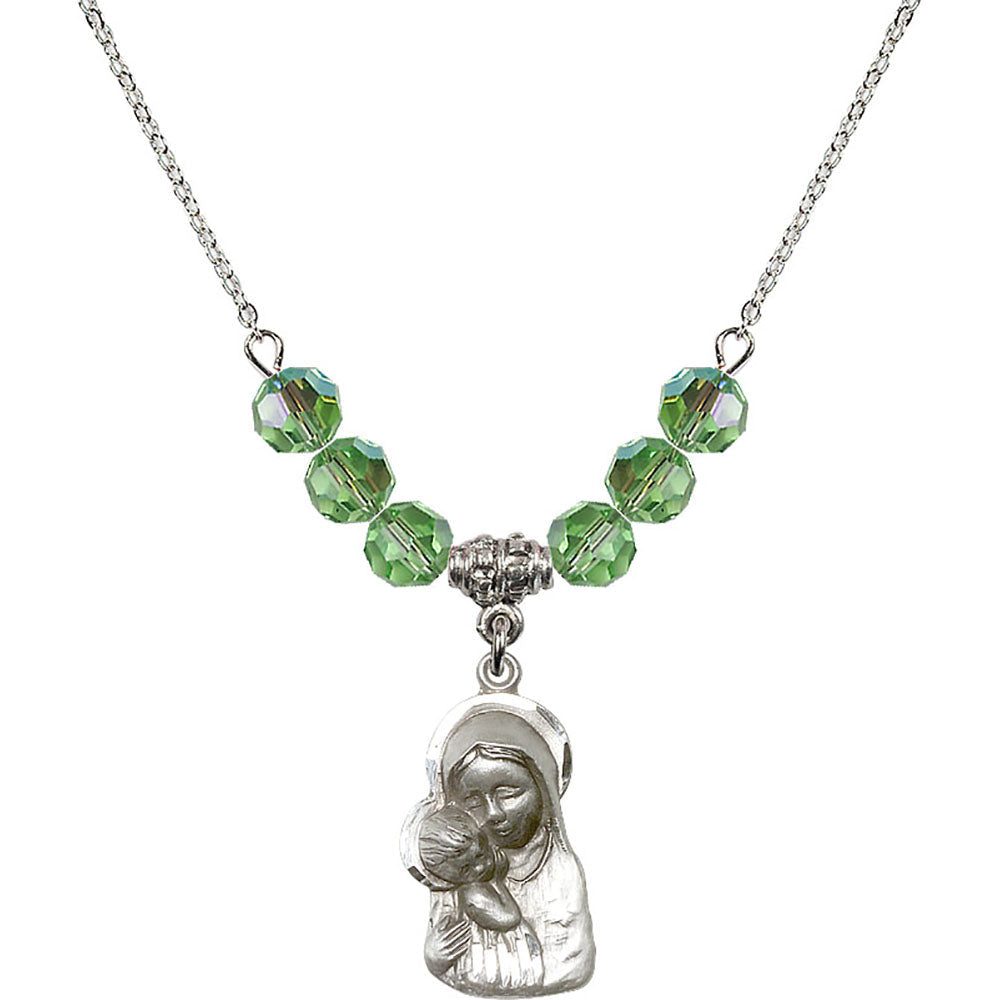Sterling Silver Madonna & Child Birthstone Necklace with Peridot Beads - 1612