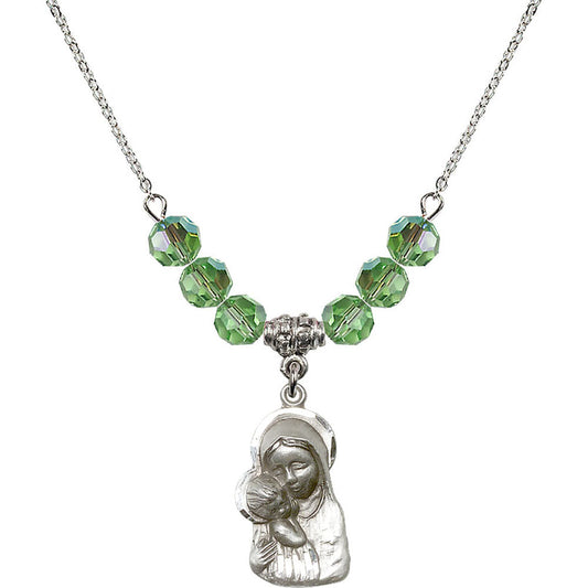 Sterling Silver Madonna & Child Birthstone Necklace with Peridot Beads - 1612