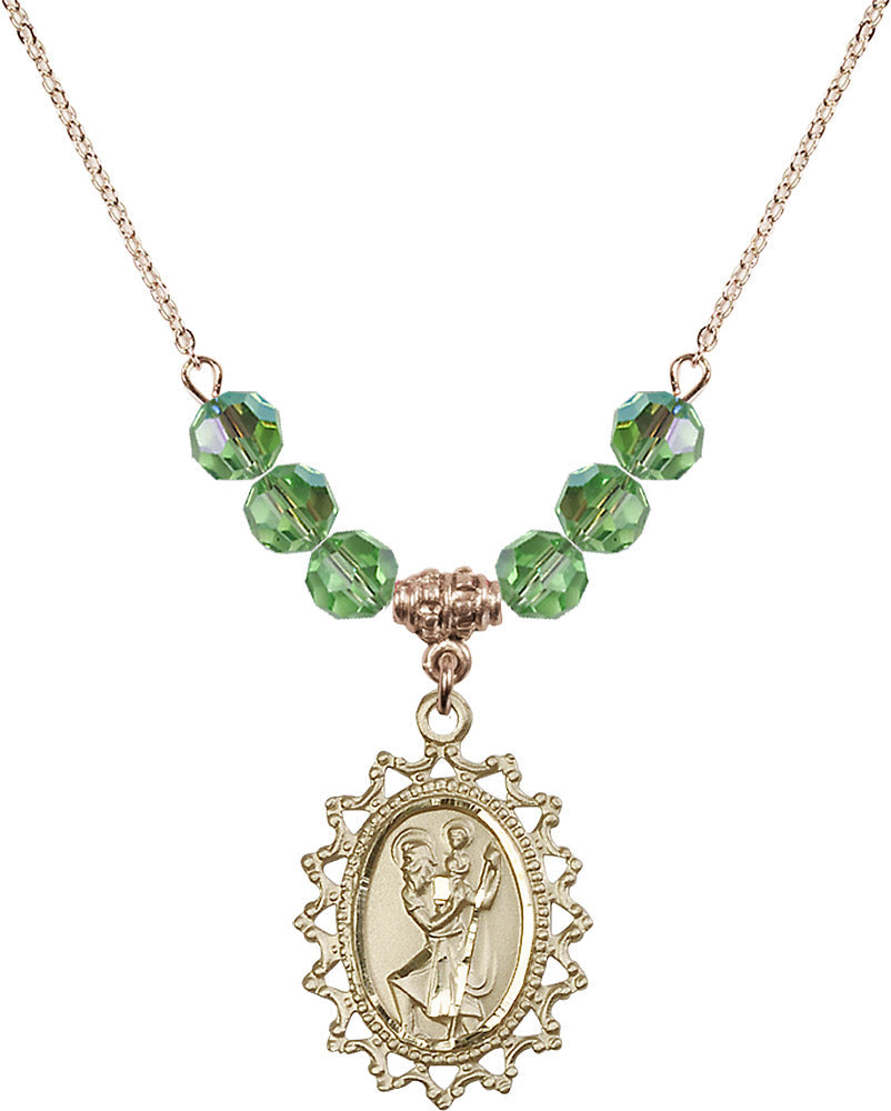 14kt Gold Filled Saint Christopher Birthstone Necklace with Peridot Beads - 1619
