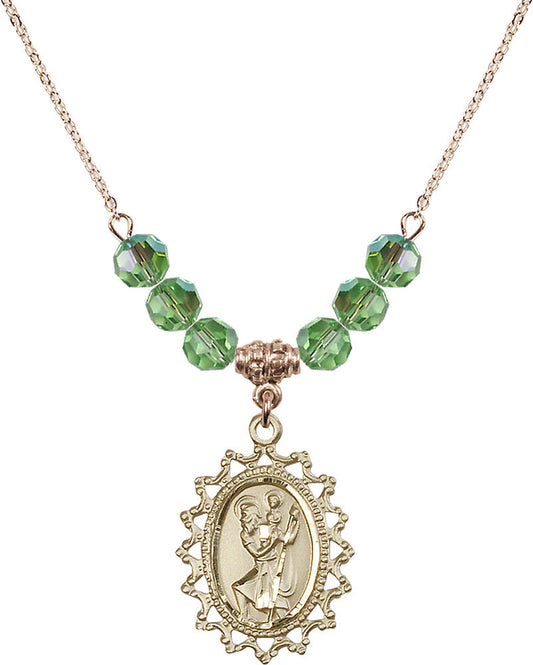 14kt Gold Filled Saint Christopher Birthstone Necklace with Peridot Beads - 1619