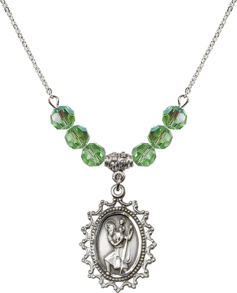 Sterling Silver Saint Christopher Birthstone Necklace with Peridot Beads - 1619