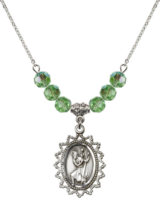 Sterling Silver Saint Christopher Birthstone Necklace with Peridot Beads - 1619