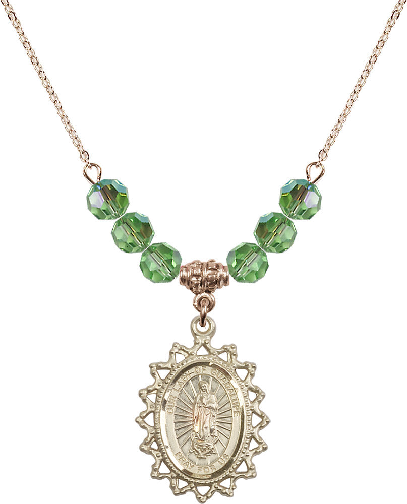 14kt Gold Filled Our Lady of Guadalupe Birthstone Necklace with Peridot Beads - 1619