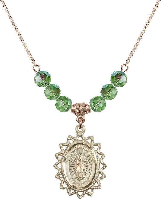 14kt Gold Filled Our Lady of Guadalupe Birthstone Necklace with Peridot Beads - 1619