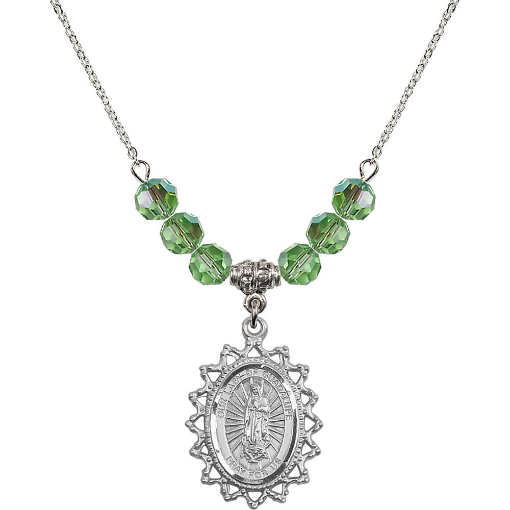 Sterling Silver Our Lady of Guadalupe Birthstone Necklace with Peridot Beads - 1619