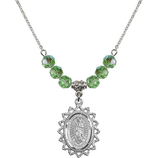 Sterling Silver Our Lady of Guadalupe Birthstone Necklace with Peridot Beads - 1619