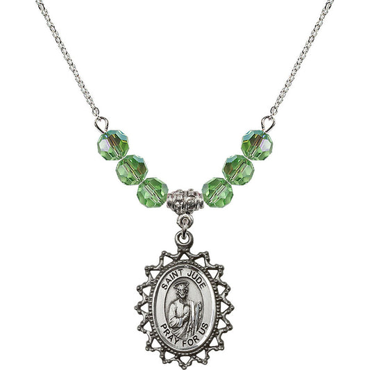 Sterling Silver Saint Jude Birthstone Necklace with Peridot Beads - 1619